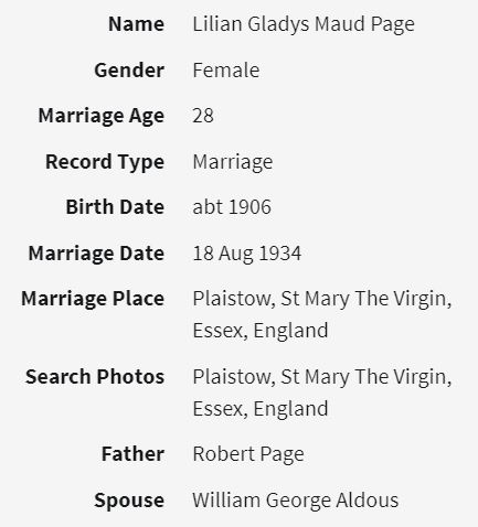 William George Aldous and Lilian Gladys Maud Page 1934 Marriage Record ...